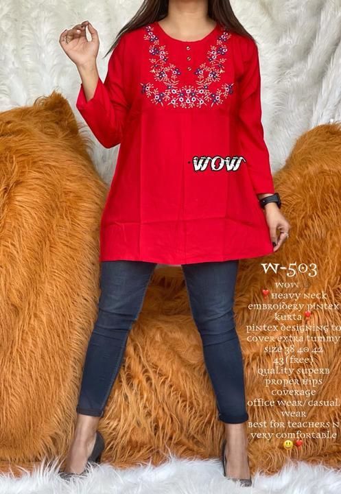 Wow ®️
❣Round neck embroidery kurta❣️
Size 38 40 42 43(free)
On premium Rayon
Quality super quality  uploaded by business on 4/22/2021