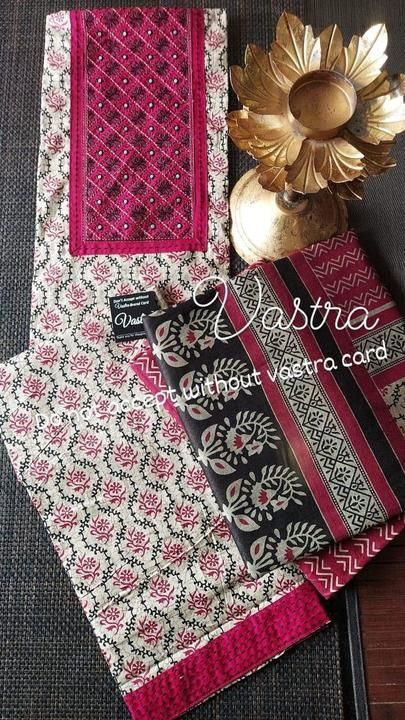 Post image *BRAND_TWS* 
TOP: UNSTITCHED COTTON SHIRT WITH embroidery and mirror work 
Printed bottom 
Printed cotton dupatta 
PRICE 800/- 
LOWEST PRICE GUARANTEED