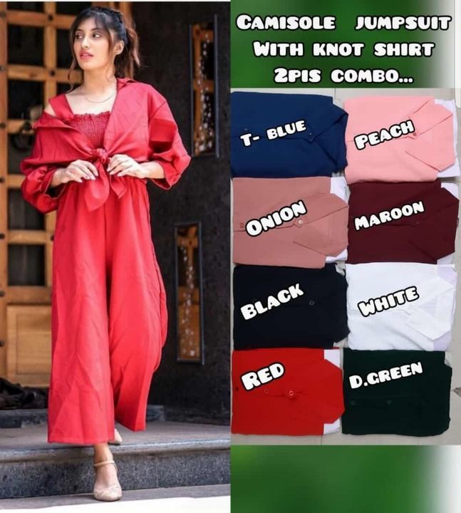 Post image *Jumpsuit with Knott Shirt*
Regular Rate : 649 PP
Minimum Order : 1 Pc
Size : M &amp; L
Less Rate for Prime &amp; Wholesale Reseller
Ask for Size Chart
Size Jumping +25
Shipping free 
COD not available
