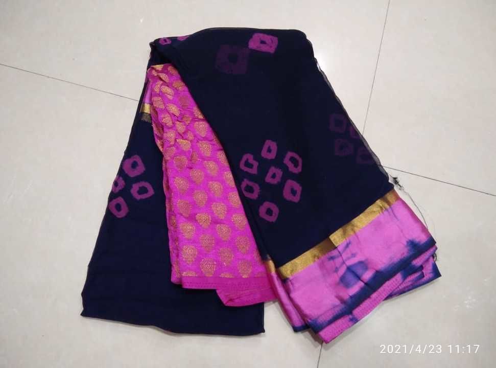 #SHV
Pure chiffone Bandhej print saree with blouse
Soft shine border Satan uploaded by Jai shiv on 4/23/2021
