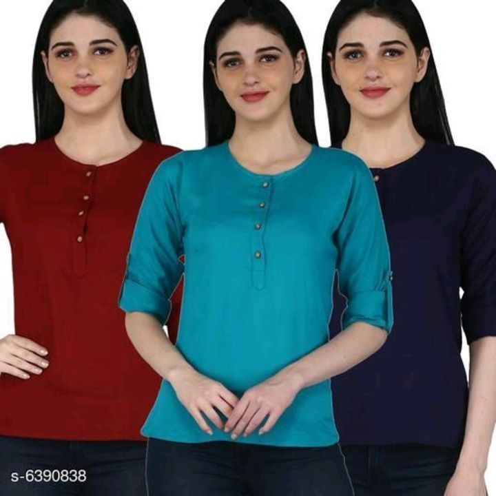 Post image Catalog Name:*Classic Fashionable Women Tops &amp; Tunics*
Fabric: Rayon
Sleeve Length: Three-Quarter Sleeves
Pattern: Solid
Multipack: 3
Sizes:
S (Bust Size: 36 in, Length Size: 26 in) 
XL (Bust Size: 42 in, Length Size: 26 in) 
L (Bust Size: 40 in, Length Size: 26 in) 
XXL (Bust Size: 44 in, Length Size: 26 in) 
M (Bust Size: 38 in, Length Size: 26 in)