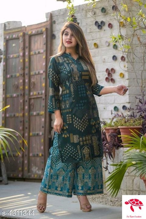 Rayon Aline Printed long kurti with palazzos uploaded by business on 4/28/2021