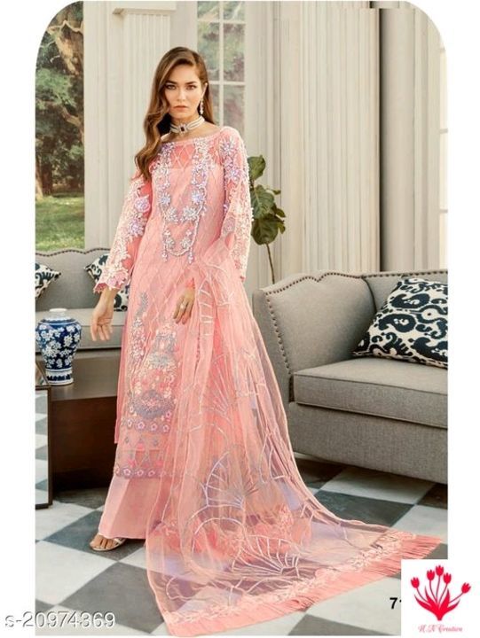 Catalog Name:*Alisha Pretty Semi-Stitched Suits*
Top Fabric: Net
Lining Fabric: Shantoon
Bottom Fabr uploaded by business on 4/28/2021
