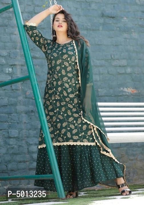 Rayon printed kurti with gotta work with printed skirt and dupatta uploaded by business on 4/29/2021