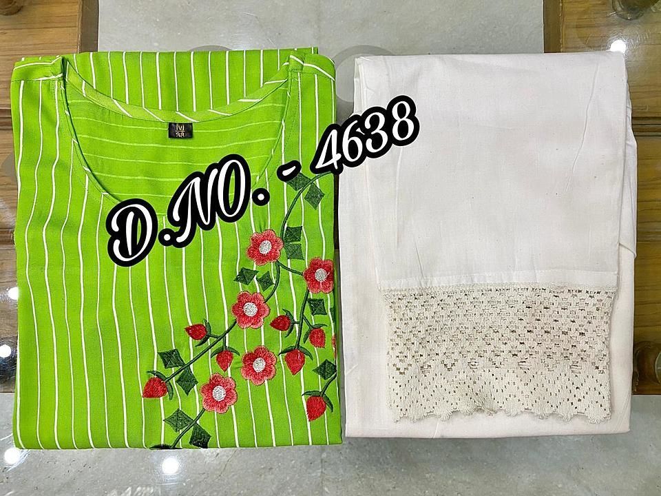 Post image 👗 *Heavy Rayon 14 kg. Best Quality Stripe Printed Kurti With Embroidery &amp; Pom - Pom Lace + Cotton Pant With Heavy Lace* 👗

⭐ *D.NO. -  4638*

⭐️ *Length - 46”*

⭐Size: *M/38, L/40, XL/42, XXL/44*

⭐Fabric: *Heavy Rayon 14 Kg. Best Quality Fabric Kurti + Cotton Pant*

*WORK :- Heavy Embroidery &amp; Pom - Pom Lace In Kurti + Heavy Lace In Pant*

🤩Price: *750/-  Free Shipping* 😍😍

⭐ Monday Dispatch ✈️✈️✈️✈️