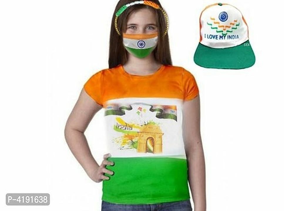 #Tricolor Girl's Tshirt with Mask Hairband and Cap uploaded by My Shop Prime on 7/31/2020