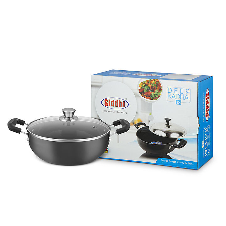 Siddhi hard anodized deep kadhai with Glass lid - size 11 - capacity 1.5 ltr uploaded by Riddhi cookware pvt ltd on 8/1/2020