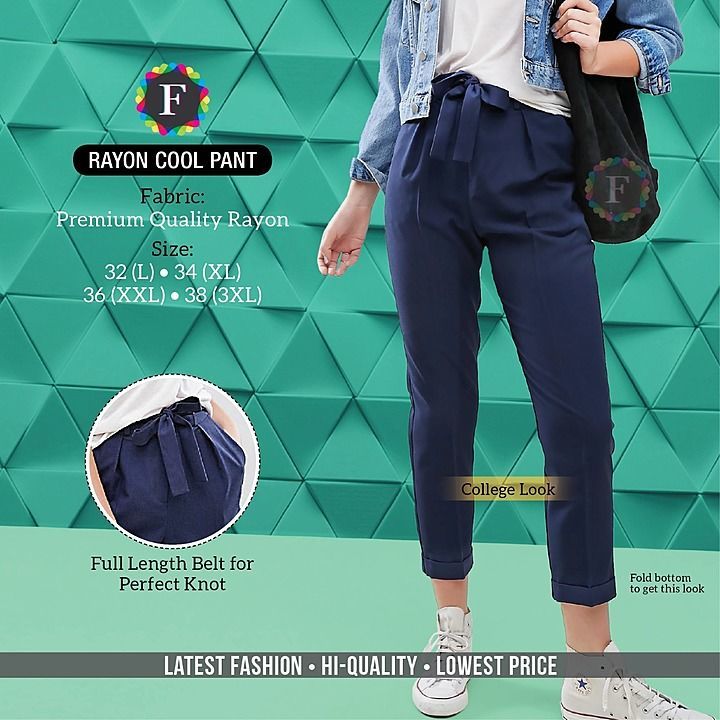 Post image *RAYON COOL PANT*
*Fabric:* Premium Quality Rayon
*Style:* Ethnic &amp; Western
*USP1:* Full Length Belt for Perfect Knot
*USP2:* Stylish Reverse Pleat with Tab

*Size:* 32 (L) • 34 (XL)
36 (XXL)• 38 (3XL)

*PRICE*
*₹550/- Free Shipping*

*Less Discount For Resellers*

*Happy Selling*👍🏻
-----------------