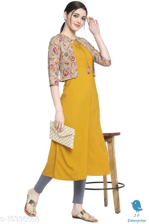 Women Crepe Jacket Kurta Printed Yellow Kurti uploaded by business on 5/8/2021