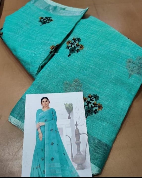 Pure lilen emboredy saree uploaded by business on 5/8/2021