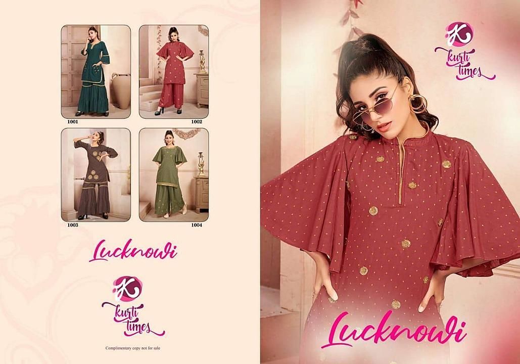 Post image *Kurti Times*

        Presents
Catalogue name-
          *LUCKNOWI*

Fabric :- Chanderi butti ..

4pcs catalogue

Size-     L, XL,XXL

Designs - 4

Length- Top- 42 to 44”
              Bottom-39”

 Rate :-   895/-
Set to set.
GST 5 Percent Extra 
Delivery from tomorrow 
 Gst +5% add on bill amt.