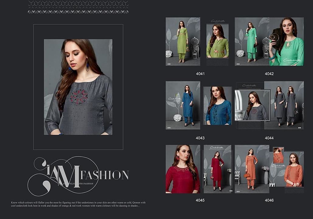 Post image *Kurti Times*

        Presents
Catalogue name-
          *FARMAISH*

Fabric :- Modal slub silk fabric with handwork..!

6pcs catalogue

Size-     M,L, XL,XXL

Designs - 6

Length- Top- 46"
              Bottom-39"

 Rate :-   * 895 per Pcs *
Please note .
Top &amp; bottom .
Set to set .
GST +5% Add on Bill Amt.
Delivery from today