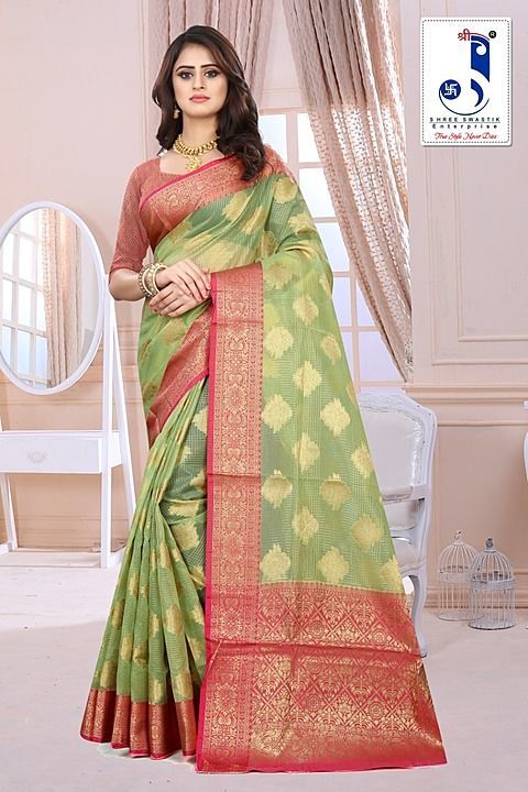 Kota tissue saree with contrast blouse uploaded by SHREE SWASTIK ENTERPRISE on 8/2/2020