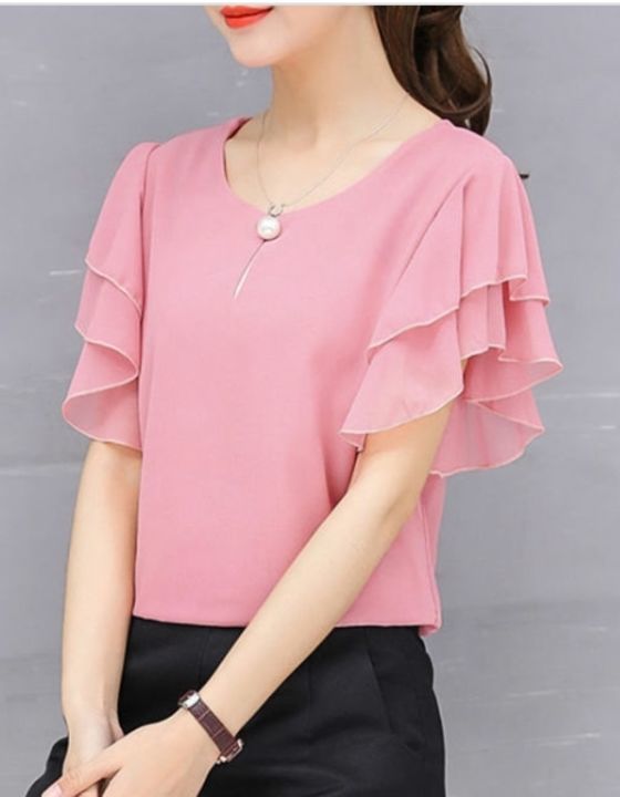 Women Pink Ruffle Sleeve Neck Button Top uploaded by business on 5/13/2021