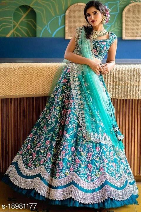 Aqua Blue Designer Partywear Embroidered Work Malay Satin Material Lehenga Choli uploaded by Direct Selling  on 5/16/2021