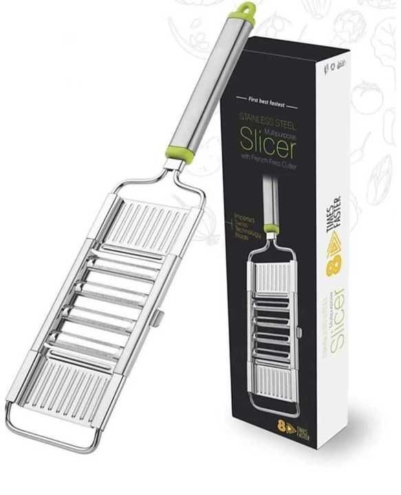 Post image 6 in1 Stainless Steel Grater and Slicer/Vegetable Cutter/French Fries Cutter/Potato Chips Cutter (Silver)

Material : Stainless Steel
Colour : Sliver
Item Dimensions LxWxH : 12 x 4 x 3 Centimetre

Multi Functional Slicer: 6 interchangeable blades give you numerous ways to slice, shred, and diced, meet all your slicing and grating needs, in order to create delicious foods using carrots, cucumbers, onions, garlic, tomatoes, potatoes, etc.

Seriously Sharp: No matter how you slice it, the veggie cutter’s stainless steel blades stay extra sharp!

Non Slip Base: No slipping or sliding known to make slicing thickness tricky here! flat non-slip mini silicone bottom keeps your mandoline slicer in place. When you’re done, simply store prepped veggies in the slicer’s base until you're ready to use them.

Quick Cleanup: Chop time-consuming hand washing out of your routine! Because the vegetable slicer's dishwasher-safe dry, you’re saved the pain of cleaning every piece.
Its machine grinded blades and sharp grating teeths gives you effortless slicing and grating.

8 TIMES FASTER
Bi-directional cutting as quick as a wink.

8 times faster than any other kitchen slicer

This useful julienne peeler will be an ideal choice for a variety of kitchen jobs, from peeling to making a decorative garnish.CHEESE GRATER Extra Sharp and Safe Cheese Grater makes your work Easy.