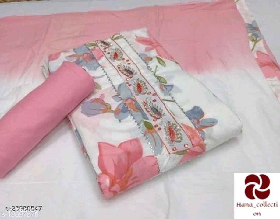 Post image Catalog Name:*Alisha Alluring Salwar Suits &amp; Dress Materials*
Top Fabric: Chanderi Silk + Top Length: 2.01-2.25
Bottom Fabric: Chanderi Cotton + Bottom Length: 2.25 Meters
Dupatta Fabric: Banarasi Cotton + Dupatta Length: 2.5 Meters
Lining Fabric: Cotton
Type: Un Stitched
Pattern: Applique
Multipack: Pack of 2
Rs850