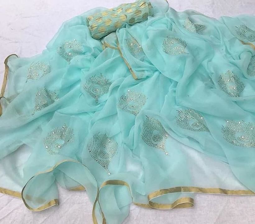 Pure jari ciffon saree 
With banarsi gorgett blouse 
Pankh design in panwari work 
With blouse saree uploaded by business on 8/5/2020