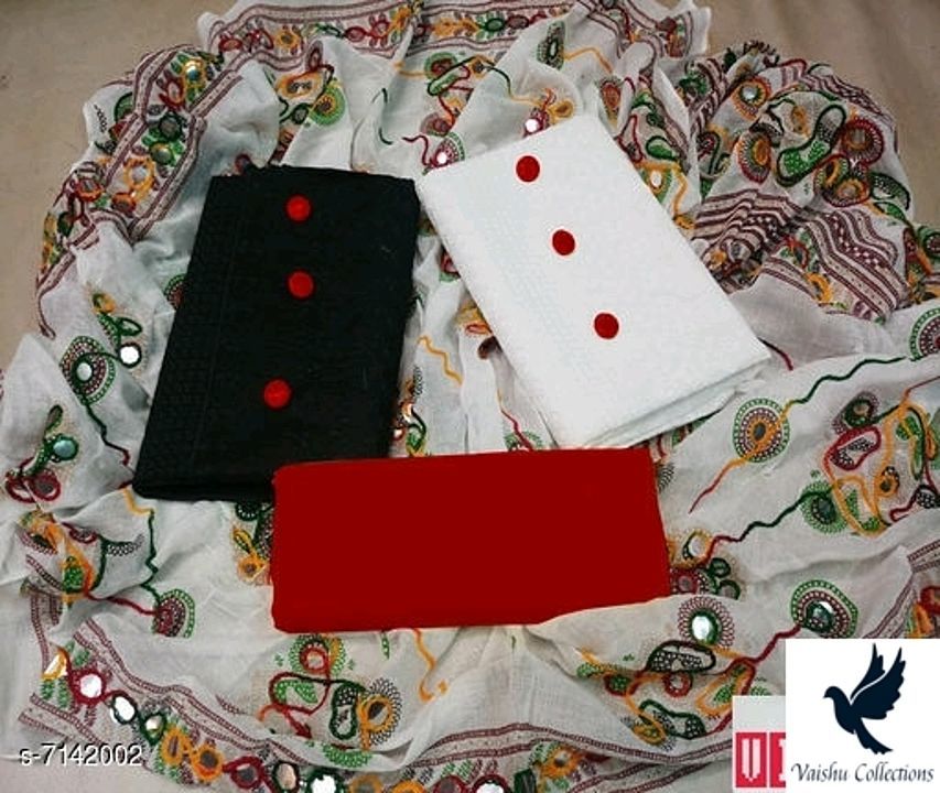 Post image *Alisha Sensational Salwar Suits &amp; Dress Materials*
Top Fabric : (1) Cotton + Top Length: 2 Meters
Top Fabric: (2)Cotton + Top Length: 2 Meters
Bottom Fabric: Cotton + Bottom Length: 2 Meters
Dupatta Fabric: Cotton + Dupatta Length: 2.2 Meters
Type: Un Stitched
Pattern: Embroidered
Multipack: 2 Top
👉price 750₹👈