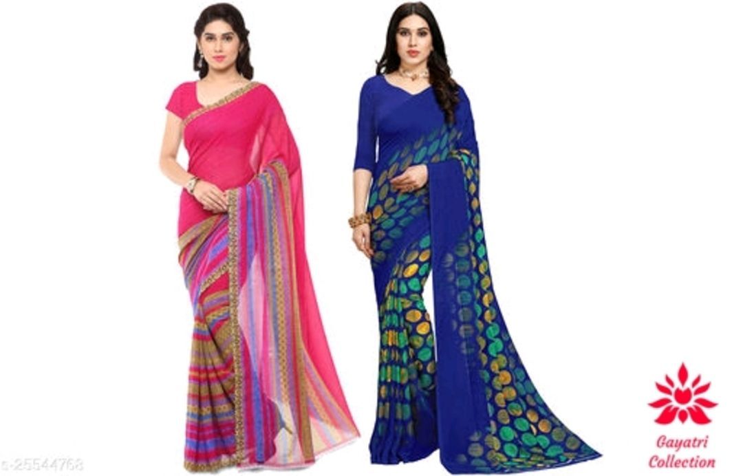 Post image Catalog Name:*Jivika Alluring Sarees*
Saree Fabric: Georgette
Blouse: Running Blouse
Blouse Fabric: Georgette
Pattern: Printed
Blouse Pattern: Printed
Multipack: Pack of 2
Sizes: 
Free Size (Saree Length Size: 5.2 m, Blouse Length Size: 0.8 m) 

Dispatch: 2-3 Days
Easy Returns Available In Case Of Any Issue
*Proof of Safe Delivery! Click to know on Safety Standards of Delivery Partners- https://ltl.sh/y_nZrAV3 rs.599
