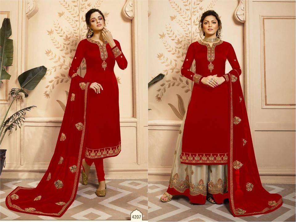 Post image *LT NITYA - 142*
        D.no. 4201 to 4209

  Single Pce Available 
 *Rate :- 1799/- Nett*

Fabrics Details :-
TOP :- Satin Georgatte 
  Sleeves :- Foux Georgatte
    INNER Attached Santoon 
     Length :- Max Up to 45”
       Size :- Max Up to 58”
         Type :- SemiStiched
                             (Materiel)

BOTTOM :- Heavy Santoon 

PLAZZO :- ButterFly Net / Foux Georgatte
 INNER Attached Santoon
    Length :- Max Up to 42”
      Size :- Max Up to 44”
        Flair :- 0.90Mt × 2per
          Type :- FullyStitched
                             (ReadyMade)

DUPATTA :- ButterFly Net / Georgette 

WORK :- Multi Thread &amp; Jari Embroidery Stich + Stone Work

Weight :- 1.200Kg
Wash :- First Time Dry Clean 
Premium Qwality Available
