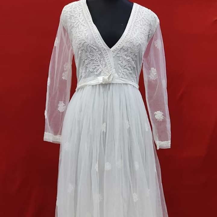 
*One pcs gown net fabric yog designer full flair front and back allover work white thread embroider uploaded by business on 5/26/2021