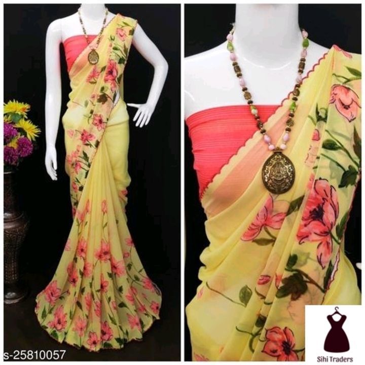 Post image Catalog Name:*Aagam Fashionable Sarees*
Saree Fabric: Georgette
Blouse: Running Blouse
Blouse Fabric: Georgette
Blouse Pattern: Printed
Multipack: Single
Sizes: 
Free Size (Saree Length Size: 5.5 m, Blouse Length Size: 0.8 m) 

Dispatch: 2-3 Days cod available free shipping @rupees 650