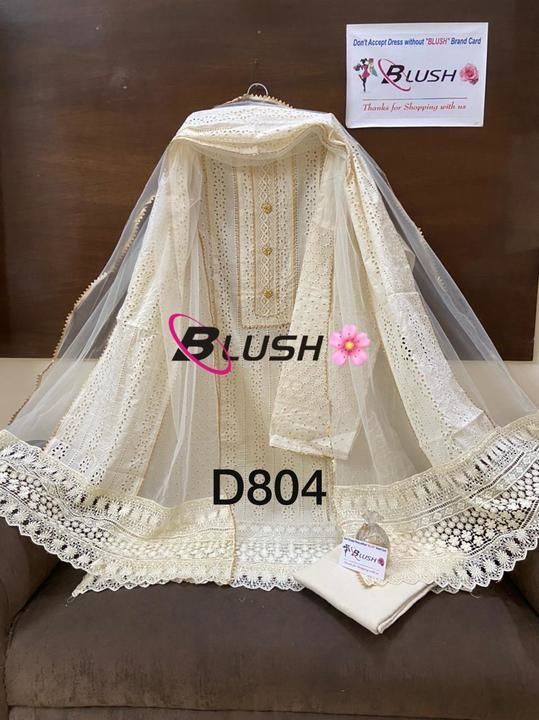 Post image *🌸 BLUSH* 

D no 804 🌸

Pure cotton chicken work front shirt 🌸with size 48 🌸ghera heavy cut work keroshia work lace🌸chicken work sleeves 🌸des neck work🌸cotton bottom🌸net &amp; keroshia work dup🌸four side gota lace🌸with both side cut work keroshia work dup🌸cream in colour 🌸super fine quality stuff🌸MRP 2150 shipping free