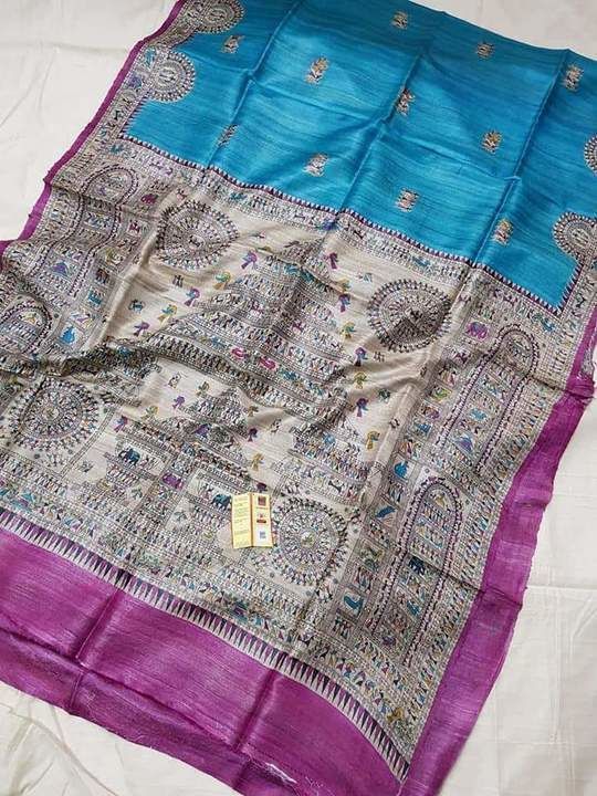 Post image Tussar ghiccha Madhubani scren print silk saree handloom