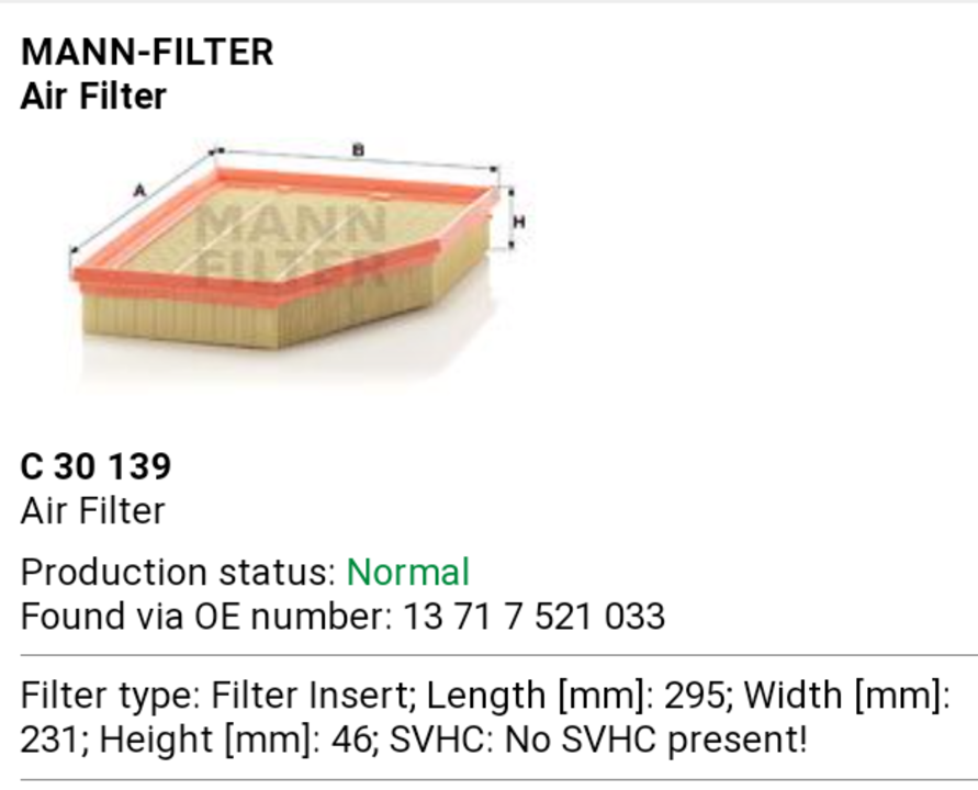Air filter (Mann filters) uploaded by VDA Trading Company on 5/29/2021