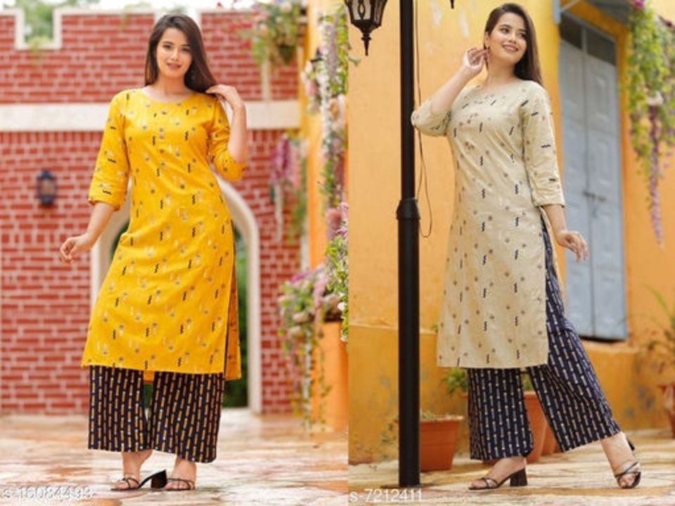 Post image I want 1 Pieces of Woman Rayon Straight Printed Long Kurti with palazzos.
Below are some sample images of what I want.