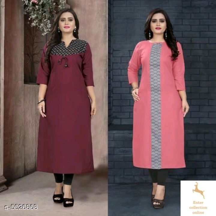 Post image Catalog Name:*Ella Beautiful Women's Kurtis Combo*
Price 650
Fabric: Cotton
Sleeve Length: Three-Quarter Sleeves
Pattern: Printed
Combo of: Combo of 2
Sizes:
XL (Bust Size: 42 in, Size Length: 46 in) 
L (Bust Size: 40 in, Size Length: 46 in) 
M (Bust Size: 38 in, Size Length: 46 in) 
XXL (Bust Size: 44 in, Size Length: 46 in) 

Design: 5

Dispatch: 1 Day
Easy Returns Available In Case Of Any Issue
*Proof of Safe Delivery! Click to know on Safety Standards of Delivery Partners- https://ltl.sh/y_nZrAV3