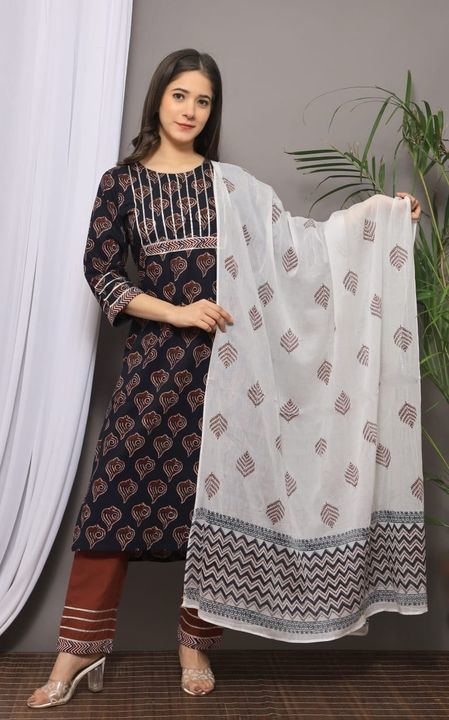 Latest Beautiful Cotton Printed kurti with Heavy Gota work on Neck and Sleeves, Cotton Pant with bo uploaded by Glam Fashion_Hub  on 5/31/2021