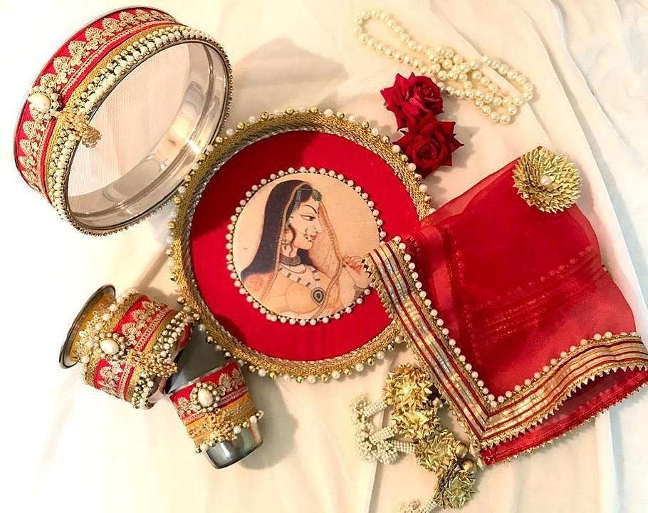 Maharani karwachaut set 
Includes 
thaali 
Channi
Glass
Lota
Rs 1399

With thaal cover 
1950

 uploaded by business on 8/8/2020