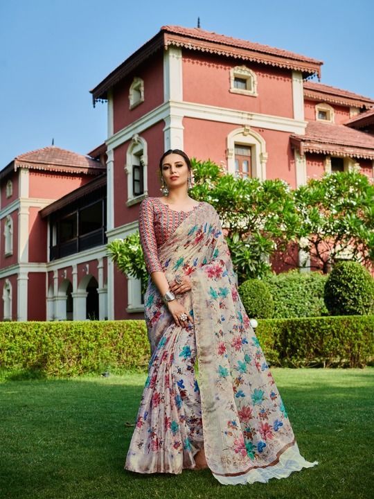 Post image Fabric:- Cotton georgette digital printed saree with dhaga embroidery work.
Print type:- floral digital all printed designs. 
Blouse:- yes
Cut:- 6.30 mtr 
Packingtype:- chain bag