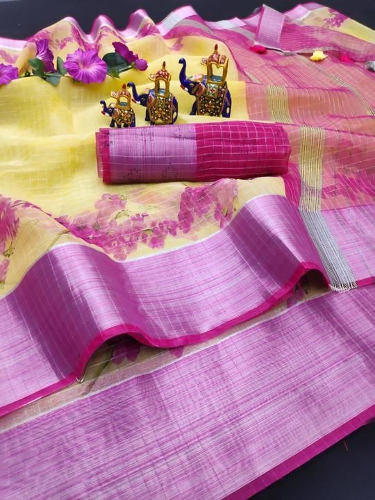 Post image *PRICE CUT*
#organzaintrend
floral organza 

Quality- organza saree with zari chex weaving with plain weaving border 

Cotton tusseles on pallu

Blouse - contrast running organza blouse 
🐰🐰
Rate- 650+$
Top trusted quality