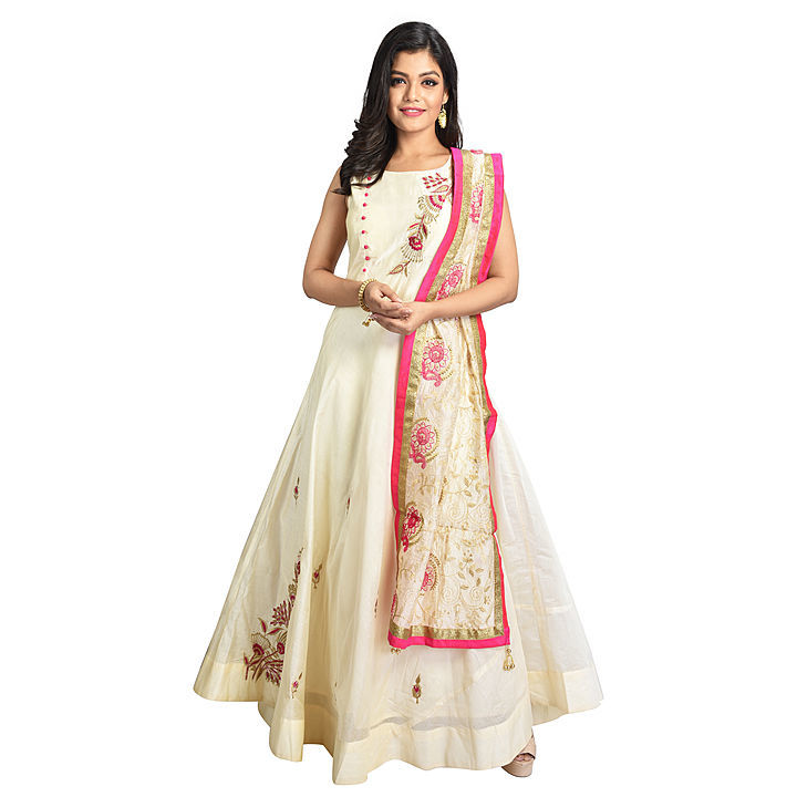 Designer Cream Color Gown & Beautifully Embroidered Dupatta. uploaded by SHREE TIRRUPATI BALAJI CORPORATION on 8/9/2020