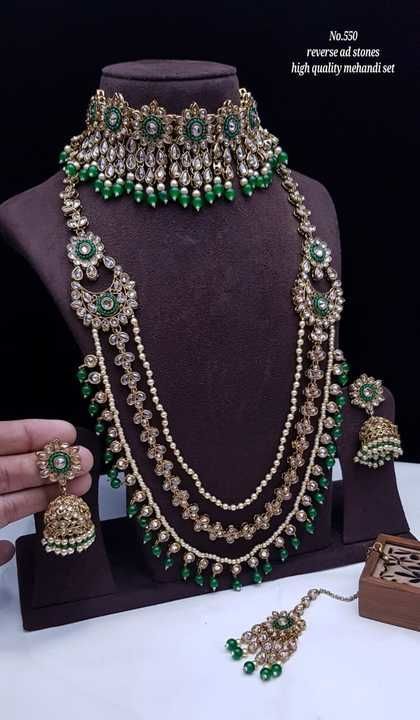 Rs3150+$
MiniBridal set with reverse ad stone mehendi plated uploaded by business on 6/9/2021
