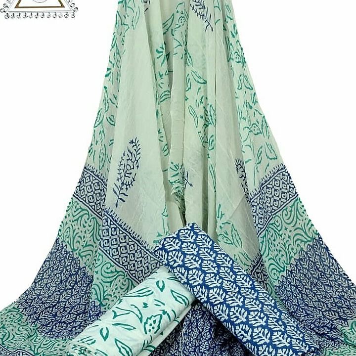 Cottan suits sets in hand block Printed with chifoon  duptta  uploaded by Sarees & Suit  on 8/12/2020