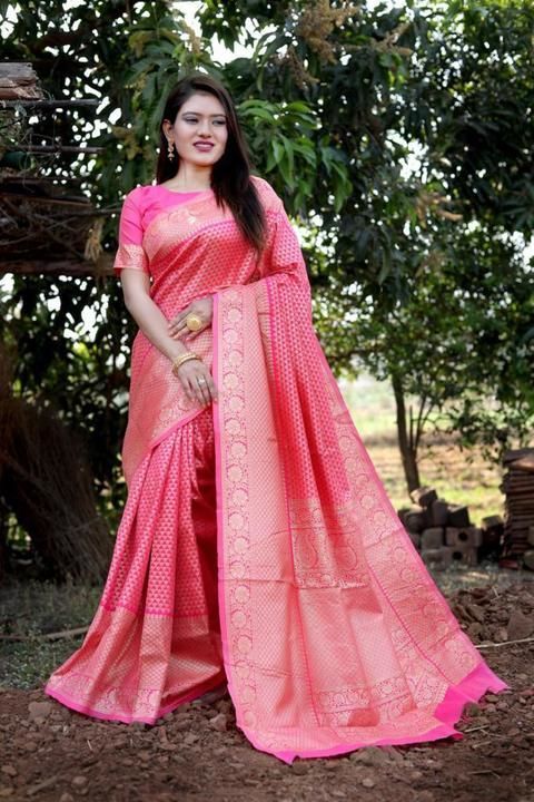 sari, launching new soft lichi silk HOT PINK in BADLA zari with rich pallu and all over jaquard work uploaded by business on 6/9/2021