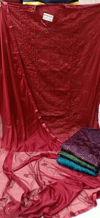 Post image Fabric details : jam cotton embroidery work with touch sequence work,  bottom : cotton 2.30mtr ,duppta :chinnon embroidery work with touch sequence work 2.20mtr ,colour :4 each , deigns :8, for more details u can contact or what'sapp on +918306152255 / +918306052255