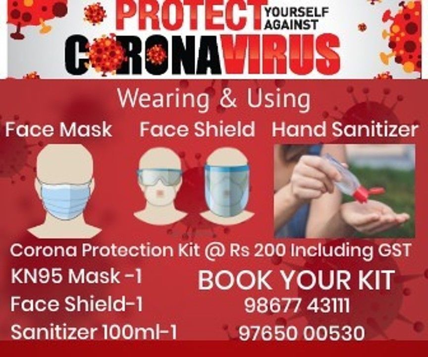 Post image These are our covid Protection products available in good rates. Sanitizer/ Face Shield/ own design corona protection kit
