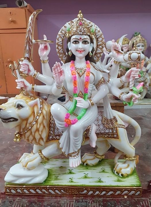 Post image Statue of Durga Devi in ​​White Marble A very beautiful Durga Devi idol in white marble, we use the superior quality of single section of white marble to make this idol.  You have the option to paint this statue to your liking. We paint it for free for more details. Please contact us. It can be very suitable for your home temple, offices, any other place as per your choice.  is .  • Prices vary by size.
