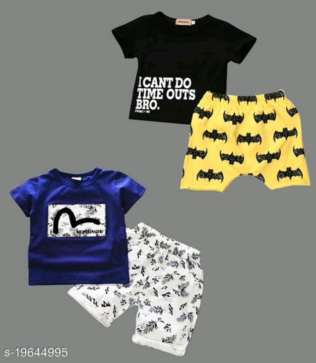 Post image Cash on delivery h 
Price-  650

Modern Stylish Boys Top &amp; Bottom Sets

Top Fabric: Cotton
Bottom Fabric: Cotton
Sleeve Length: Short Sleeves
Top Pattern: Printed
Bottom Pattern: Printed
Multipack: Pack Of 2
Add-Ons: Top/Tshirt
Sizes: 
0-6 Months (Top Chest Size: 9.5 in, Top Length Size: 13 in, Bottom Waist Size: 14 in, Bottom Length Size: 9 in)
4-5 Years (Top Chest Size: 12 in, Top Length Size: 16.5 in, Bottom Waist Size: 18 in, Bottom Length Size: 10 in)
1-2 Years (Top Chest Size: 10.5 in, Top Length Size: 14 in, Bottom Waist Size: 15 in, Bottom Length Size: 9 in)
3-4 Years (Top Chest Size: 11.5 in, Top Length Size: 16 in, Bottom Waist Size: 17 in, Bottom Length Size: 9.5 in)
2-3 Years (Top Chest Size: 11 in, Top Length Size: 15 in, Bottom Waist Size: 16 in, Bottom Length Size: 9.5 in)
Dispatch: 2-3 Days