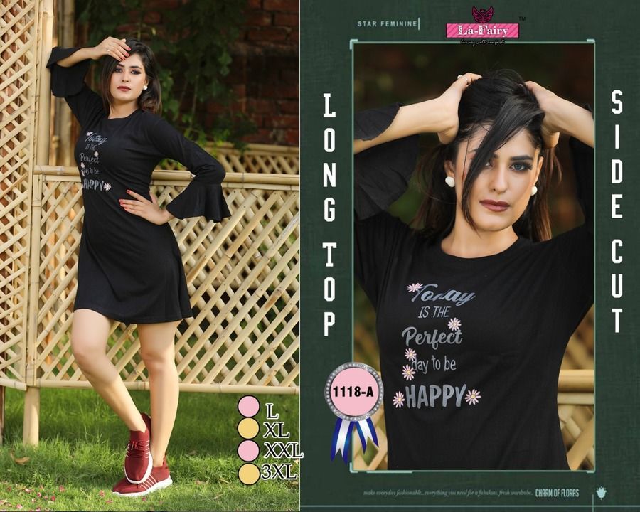 Post image *LA FAIRY LONG TOP*

FABRIC COTTOM HOSIERY

BELL SLEEV PATTERN

SIDE CUT

LENGTH 36

SIZE L TO 3XL
L 36 38
Xl 40
Xxl 42
3xl 44

6 COLOUR

*Rate  550