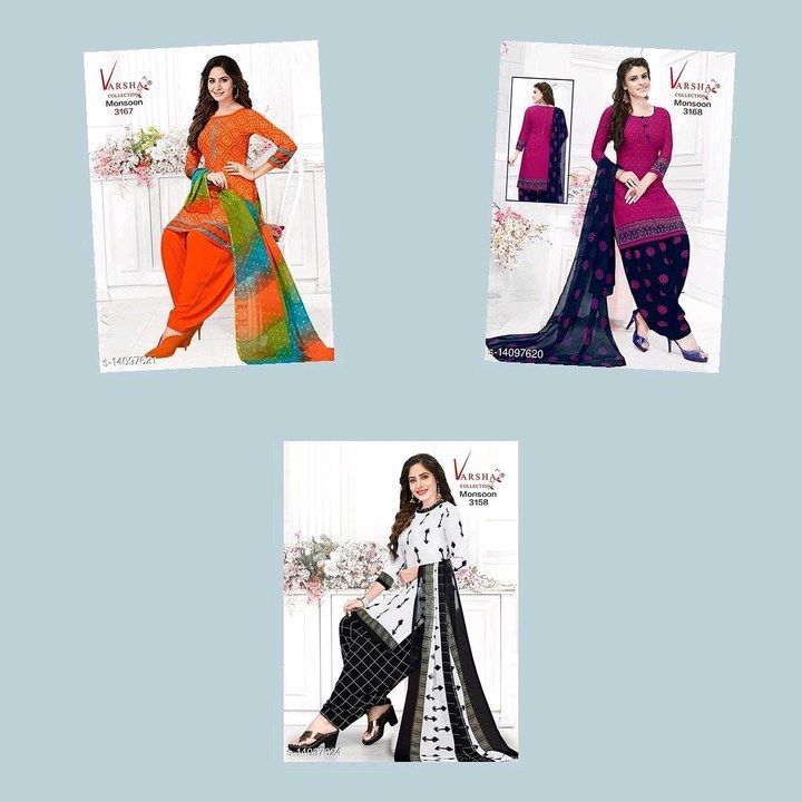 Post image Cost 399Whatsapp -&gt; 9473488379  (https://wa.me/message/PDA74FHZTB4SP1Catalog Name:*Varsha Collection Trendy Suits &amp; Dress Materials*Top Fabric: Synthetic + Top Length: 2.26-2.50Bottom Fabric: Synthetic + Bottom Length: 2.01-2.25,2.26-2.50Dupatta Fabric: Synthetic + Dupatta Length: 2.1 MetersLining Fabric: No LiningType: Un StitchedPattern: PrintedMultipack: SingleEasy Returns Available In Case Of Any Issue