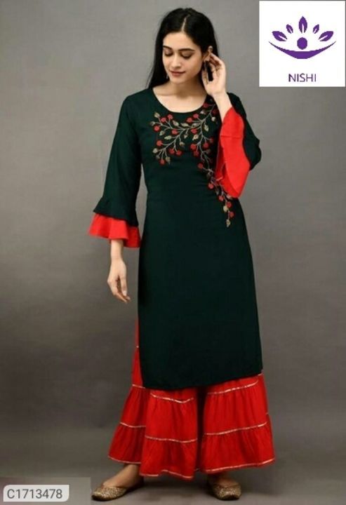 *Catalog Name:* Delicate Solid Embroidered Rayon Kurti Sharara Set uploaded by Nishi on 6/20/2021