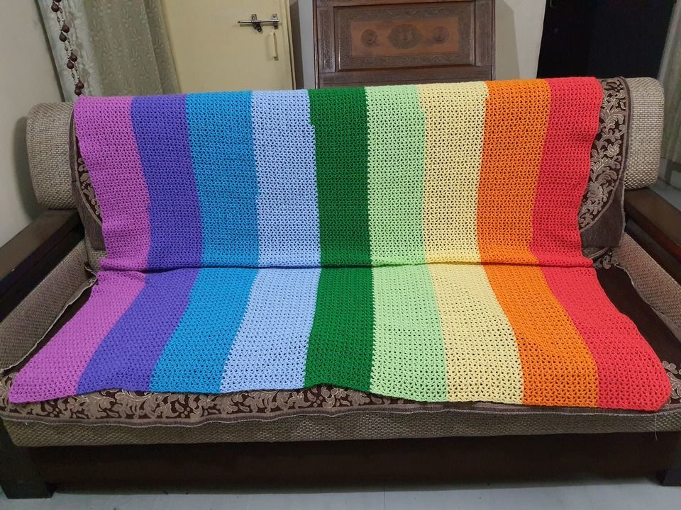 Post image This is a crochet woollen blanket.Made by Ganaga acrylic yarn. Size is 60" by 48". Very useful to Cary in the car or can have on the sofa... will love the feel. Gpay or Paytm can be done.