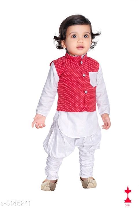 Post image Ethnic Fancy Silk Cotton Blend Kurta Kid's Boys Pyjama Set Vol 2
Fabric: Silk Cotton Blend
Sleeves: Waist Coat - Sleeves Are Not Included &amp; Kurta - Sleeves Are Included
Size: Age Group (6 Months - 12 Months) - 14 in
Type: Stitched
Description:  Variable (Check Product For Details)
Work &amp; Pattern: Kurta &amp; Pyjama - Solid , Waist Coat - PrintedDispatch: 1 Day