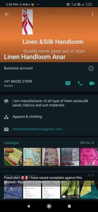 Post image Fraud alert!! Guys please be aware of this cheater. Ordered 2 sarees on June 8th, till now no reply and didn't taking calls also. If  I ask for tracking id he kept saying you will get tomorrow. Please be careful from this cheater!! I'm going to give online fraudulent complaint against him.